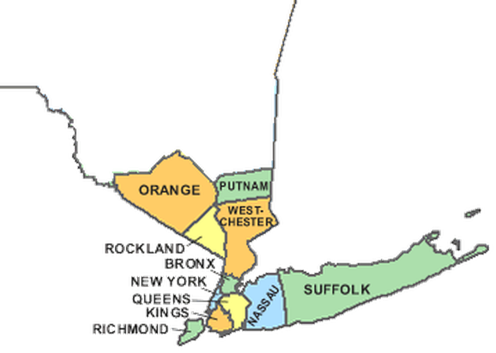 Map of New York State highlighting Orange, Putnam, Rockland, Westchester, Bronx, New York, Queens, Kings, Richmond, Nassau and Suffolk counties